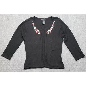Jonathan Martin Sweater Womens M Black Floral Cardigan 3/4 Sleeve Tight Knit